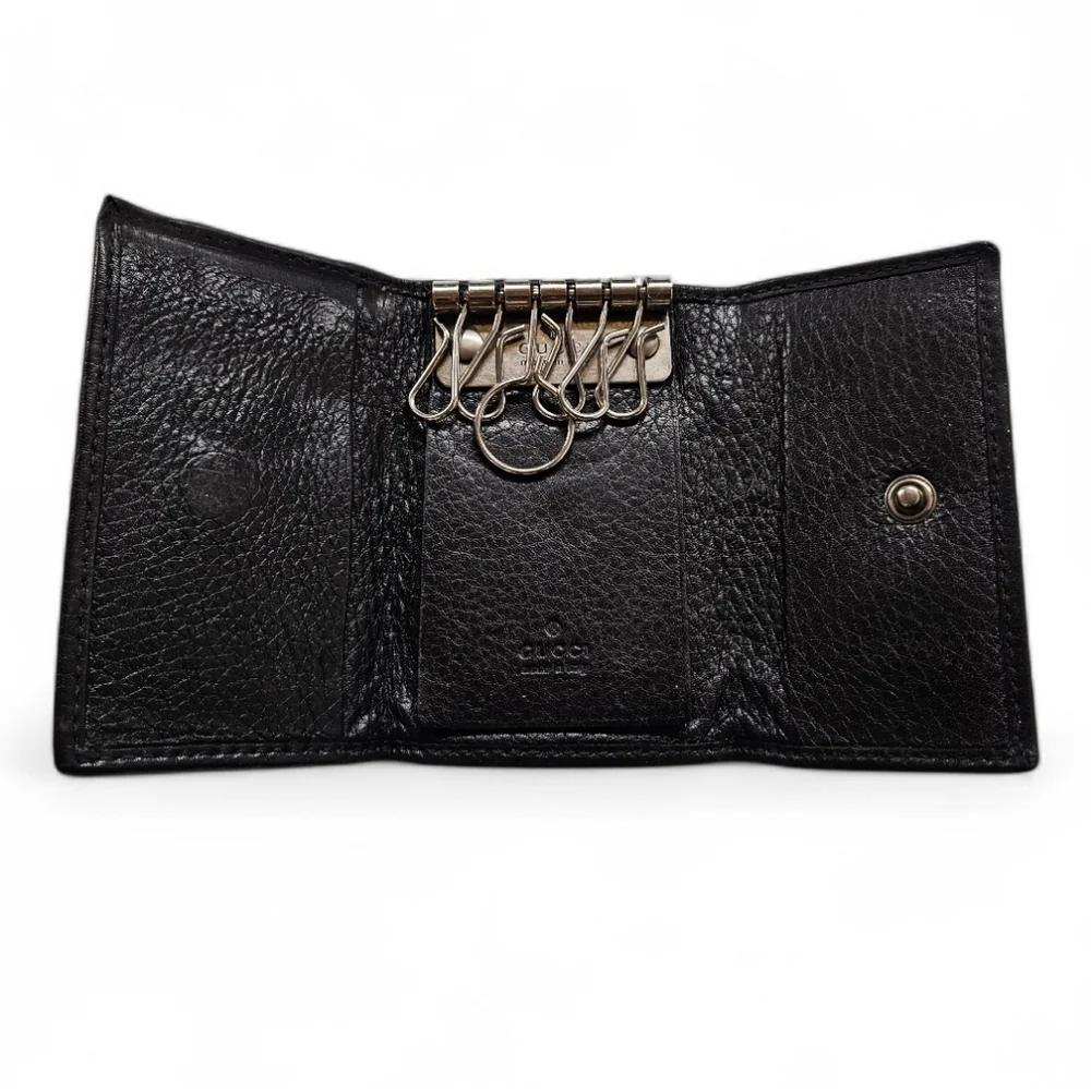 Gucci GG Marmont Black Leather Card And Key Holder Wallet In Black And Silver
